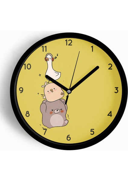 Sevimli Hayvanlar Modern Tasarım Çocuk Odası Duvar Saati - 25CM - Önü Camlı Siyah Kasa