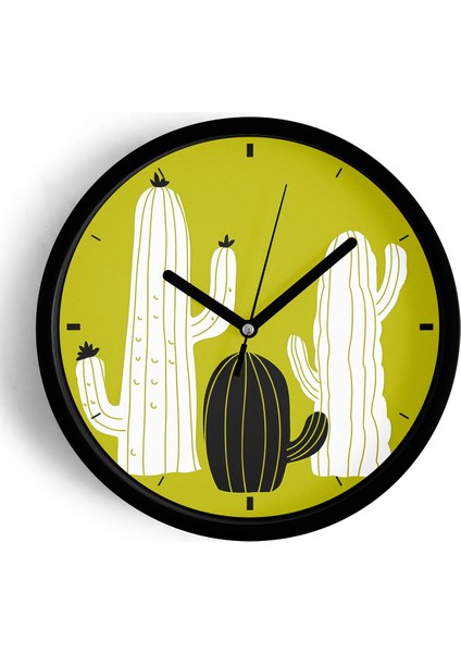 Kaktüs Modern Duvar Saati - 25CM - Önü Camlı Siyah Kasa - Sessiz Mekanizma