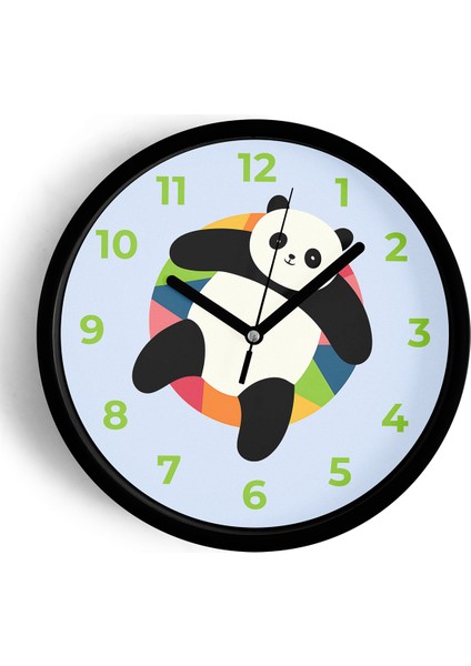 Sevimli Panda Tasarım Çocuk Odası Duvar Saati - 25CM - Önü Camlı Siyah Kasa - Sessiz Mekanizma