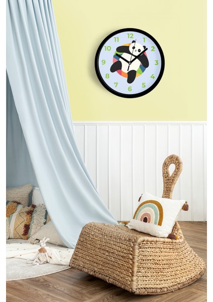 Sevimli Panda Tasarım Çocuk Odası Duvar Saati - 25CM - Önü Camlı Siyah Kasa - Sessiz Mekanizma fiyatları