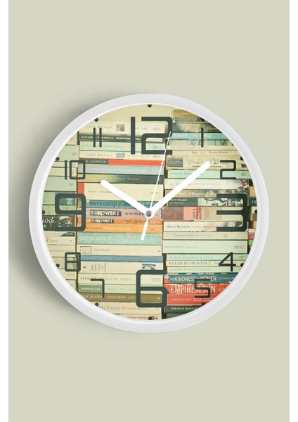 Soyut Modern Tasarım Kütüphane - Kitap Duvar Saati - 25CM - Önü Camlı Beyaz Kasa - Sessiz Mekanizma