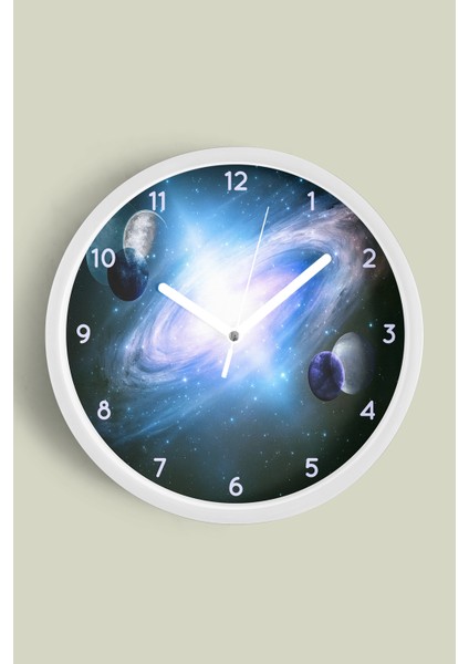 Gezegenler Modern Tasarım Duvar Saati - 25CM - Önü Camlı Beyaz Kasa - Sessiz Mekanizma