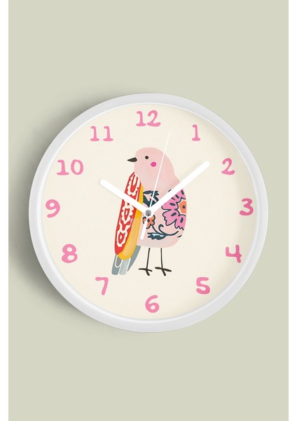 Sevimli Kuş Çocuk Odası Duvar Saati - 25CM - Önü Camlı Beyaz Kasa - Sessiz Mekanizma