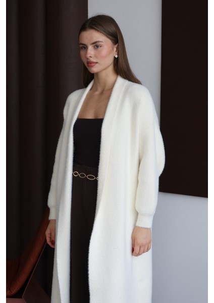 Kadın Ekru Sakallı Şal Yaka Uzun Hırka
