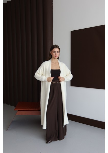 Kadın Ekru Sakallı Şal Yaka Uzun Hırka modelleri