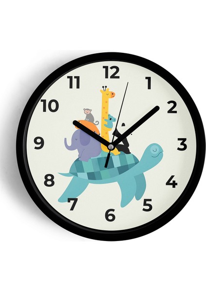 Sevimli Hayvanlar Modern Tasarım Çocuk Odası Duvar Saati - 25CM - Önü Camlı Siyah Kasa