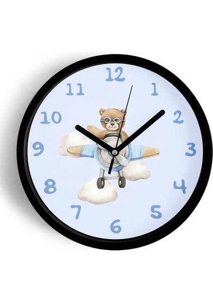Helikopter Süren Ayı Çocuk Odası Duvar Saati - 25CM - Önü Camlı Siyah Kasa - Sessiz Mekanizma