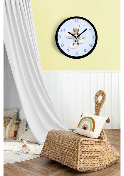 Helikopter Süren Ayı Çocuk Odası Duvar Saati - 25CM - Önü Camlı Siyah Kasa - Sessiz Mekanizma fiyatları