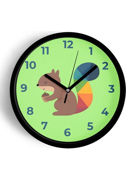 Sevimli Sincap Çocuk Odası Duvar Saati - 25CM - Önü Camlı Siyah Kasa - Sessiz Mekanizma