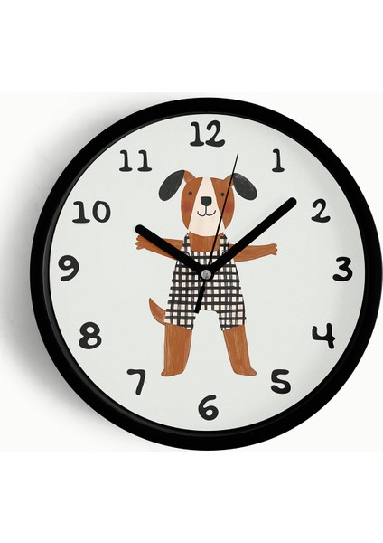 Sevimli Köpek Çocuk Odası Duvar Saati - 25CM - Önü Camlı Siyah Kasa - Sessiz Mekanizma