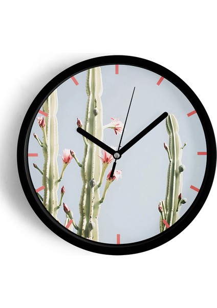 Kaktüs Çiçek Modern Duvar Saati - 25CM - Önü Camlı Siyah Kasa - Sessiz Mekanizma
