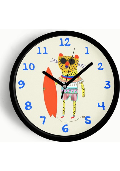 Sörf Tahtalı Leopar Çocuk Odası Duvar Saati - 25CM - Önü Camlı Siyah Kasa - Sessiz Mekanizma