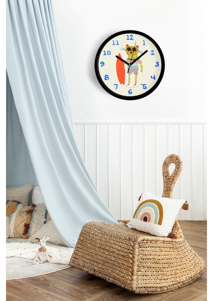 Sörf Tahtalı Leopar Çocuk Odası Duvar Saati - 25CM - Önü Camlı Siyah Kasa - Sessiz Mekanizma fiyatları