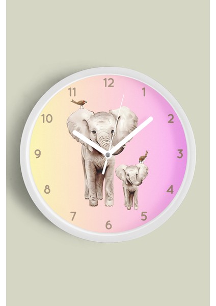 Sevimli Fil Temalı Modern Duvar Saati - 25CM - Önü Camlı Beyaz Kasa - Sessiz Mekanizma