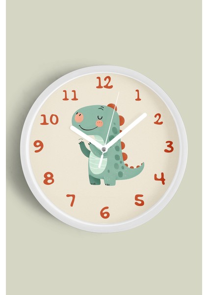 Sevimli Dinozor Çocuk Odası Duvar Saati - 25CM - Önü Camlı Beyaz Kasa - Sessiz Mekanizma