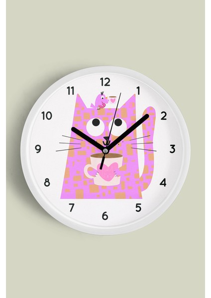Kahve Içen Kedi Tasarım Modern Duvar Saati - Çocuk Odası Duvar Saati - 25CM - Önü Camlı Beyaz Kasa
