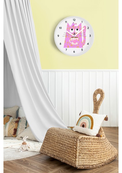 Kahve Içen Kedi Tasarım Modern Duvar Saati - Çocuk Odası Duvar Saati - 25CM - Önü Camlı Beyaz Kasa fiyatları