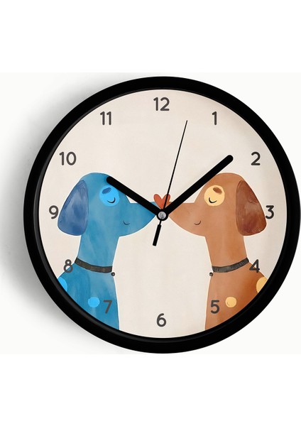 Sevimli Köpekler Modern Duvar Saati - 25CM - Önü Camlı Siyah Kasa - Sessiz Mekanizma