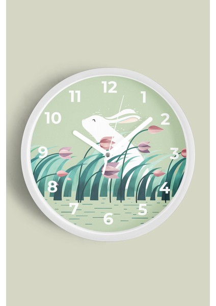 Sevimli Tavşan Çocuk Odası Modern Duvar Saati - 25CM - Önü Camlı Beyaz Kasa - Sessiz Mekanizma
