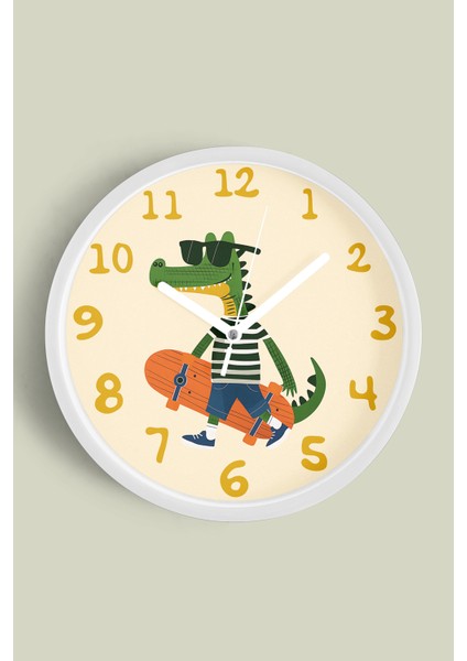 Kaykay Yapan Sevimli Timsah Çocuk Odası Modern Duvar Saati - 25CM - Önü Camlı Beyaz Kasa