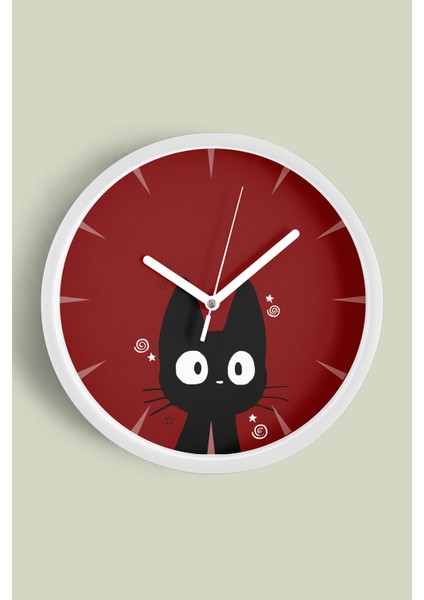 Şaşkın Kedi Modern Duvar Saati - Çocuk Odası Duvar Saati - 25CM - Önü Camlı Beyaz Kasa