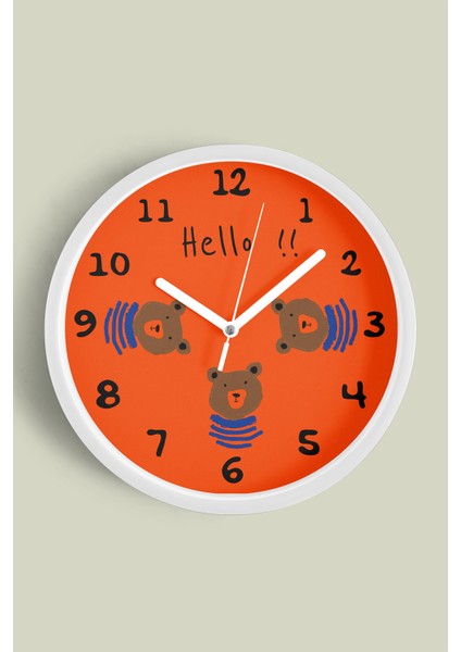 Hello Diyen Ayı Çocuk Odası Duvar Saati - 25CM - Önü Camlı Beyaz Kasa - Sessiz Mekanizma