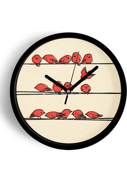 Sevimli Kuş Illüstrasyonlu Dekoratif Modern Duvar Saati - 42CM - Önü Camlı Siyah Kasa