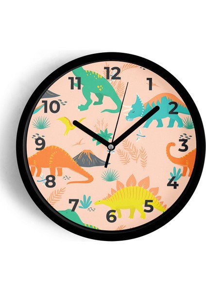 Renkli Dinozor Desenli Çocuk Odası Duvar Saati - 42CM - Önü Camlı Siyah Kasa - Sessiz Mekanizma