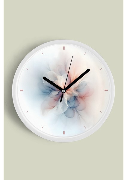 Soft Pastel Çiçek Desenli Modern Duvar Saati - 25CM - Önü Camlı Beyaz Kasa - Sessiz Mekanizma
