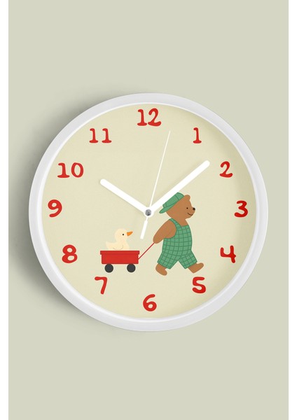 Ayı Ile Ördek Arkadaşlığı Çocuk Odası Duvar Saati - 25CM - Önü Camlı Beyaz Kasa - Sessiz Mekanizma