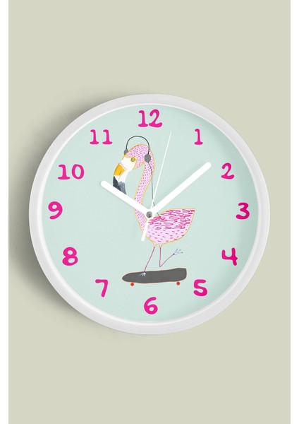 Kaykay Yapan Pembe Flamingo Çocuk Odası Duvar Saati - 25CM - Önü Camlı Beyaz Kasa - Sessiz Mekanizma