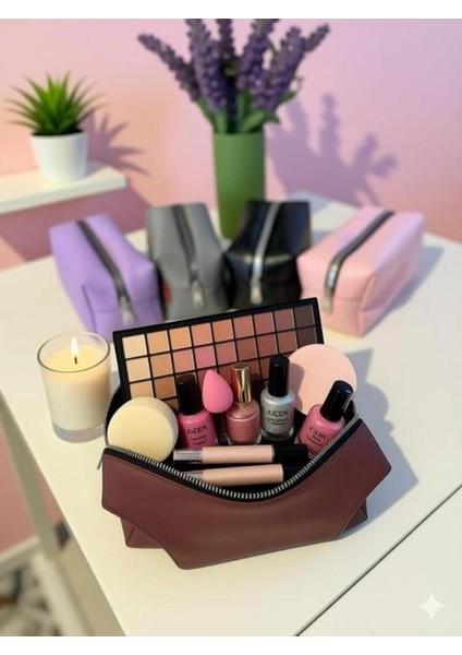 Kahverengi Makyaj Kozmetik Çantası - Kalemlik Büyük Boy Seyahat Şık Makyaj Çantası Tek Bölmeli