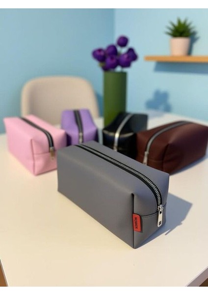 Kahverengi Makyaj Kozmetik Çantası - Kalemlik Büyük Boy Seyahat Şık Makyaj Çantası Tek Bölmeli