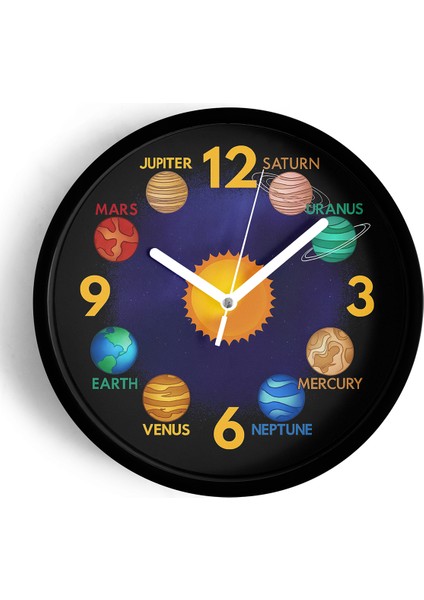Güneş ve Gezegenler Modern Tasarım Duvar Saati - 25CM - Önü Camlı Siyah Kasa - Sessiz Mekanizma