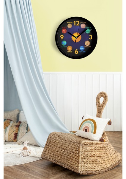 Güneş ve Gezegenler Modern Tasarım Duvar Saati - 25CM - Önü Camlı Siyah Kasa - Sessiz Mekanizma fiyatları