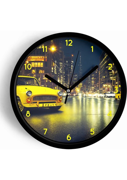 Klasik Araba ve Gece Şehir Modern Duvar Saati - 25CM - Önü Camlı Siyah Kasa - Sessiz Mekanizma