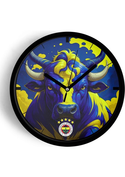 Fenerbahçe Tasarımlı Modern Duvar Saati - 25CM - Önü Camlı Siyah Kasa - Sessiz Mekanizma