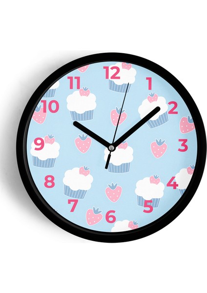 Çilekli Cupcake Desenli Mutfak Duvar Saati - 25CM - Önü Camlı Siyah Kasa - Sessiz Mekanizma