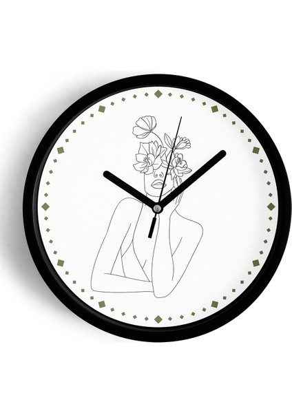 Çiçekli Kadın Silüeti Minimalist Modern Duvar Saati - 25CM - Önü Camlı Siyah Kasa - Sessiz Mekanizma