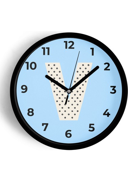 V Harfi Erkek Odası Duvar Saati - 25CM - Önü Camlı Siyah Kasa - Sessiz Mekanizma