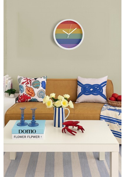 Renkli Çizgili Modern Tasarım Duvar Saati - 25CM - Önü Camlı Beyaz Kasa - Sessiz Mekanizma fiyatları