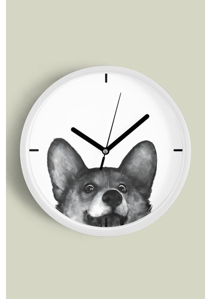 Sevimli Köpek Temalı Modern Duvar Saati - 25CM - Önü Camlı Beyaz Kasa - Sessiz Mekanizma
