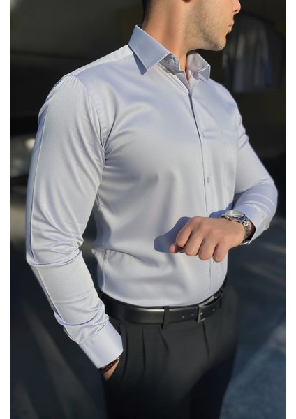 Klasik Fit Geniş Kesim Tek Cepli Kolay Ütülenebilen Mevsimlik Uzun Kollu Düz Renk Erkek Gömlek