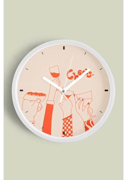Cheers - Şerefe - Kokteyl Tasarım Modern Duvar Saati - 25CM - Önü Camlı Beyaz Kasa