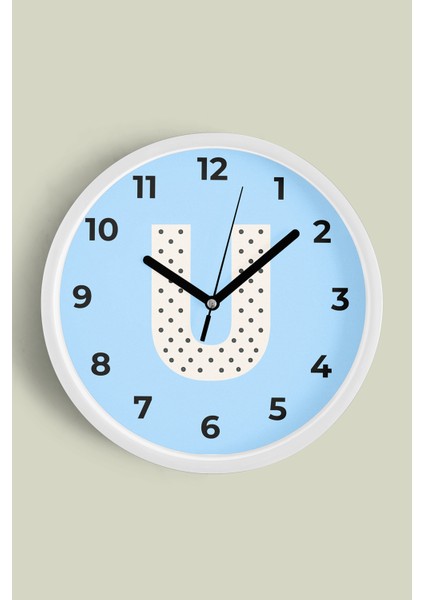 U Harfi Erkek Odası Duvar Saati - 25CM - Önü Camlı Beyaz Kasa - Sessiz Mekanizma