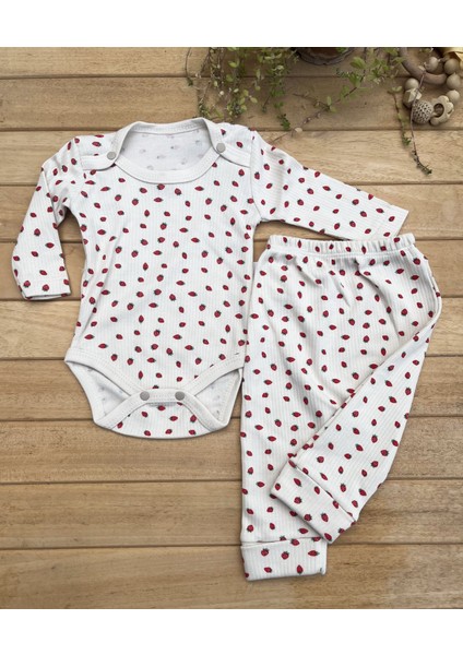 Kız Bebek 2’li Takım Çilek Baskılı Uzun Kollu Fitilli Kaşkorse Çıtçıtlı Body