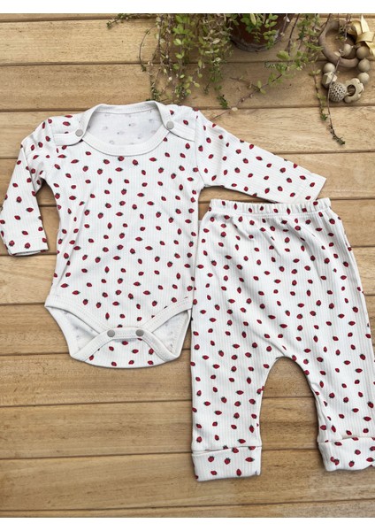 Kız Bebek 2’li Takım Çilek Baskılı Uzun Kollu Fitilli Kaşkorse Çıtçıtlı Body fiyatları