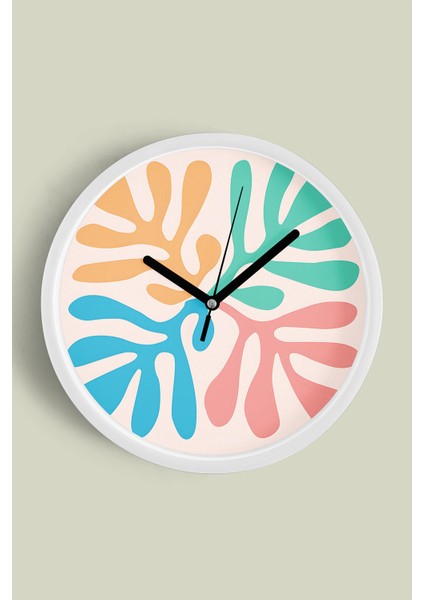 Soyut Yaprak Desenli Modern Tasarım Duvar Saati - 25CM - Önü Camlı Beyaz Kasa - Sessiz Mekanizma