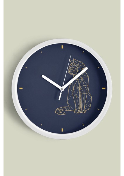 Geometrik Kedi Desenli Modern Duvar Saati - 25CM - Önü Camlı Beyaz Kasa - Sessiz Mekanizma