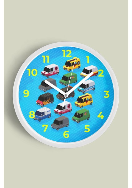 Renkli Minibüs Çizimli Modern Çocuk Odası Duvar Saati - 25CM - Önü Camlı Beyaz Kasa